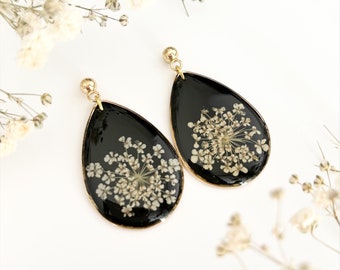 Gold drop earrings, resin drop earrings, large drop earrings, elegant earrings, real flower earrings, gifts for her