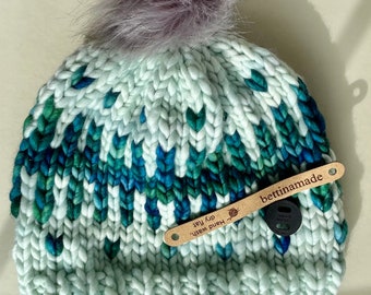 Handknit Beanie - Fenway (aka The Green Monster) Twin - with large faux fur Pom Pom