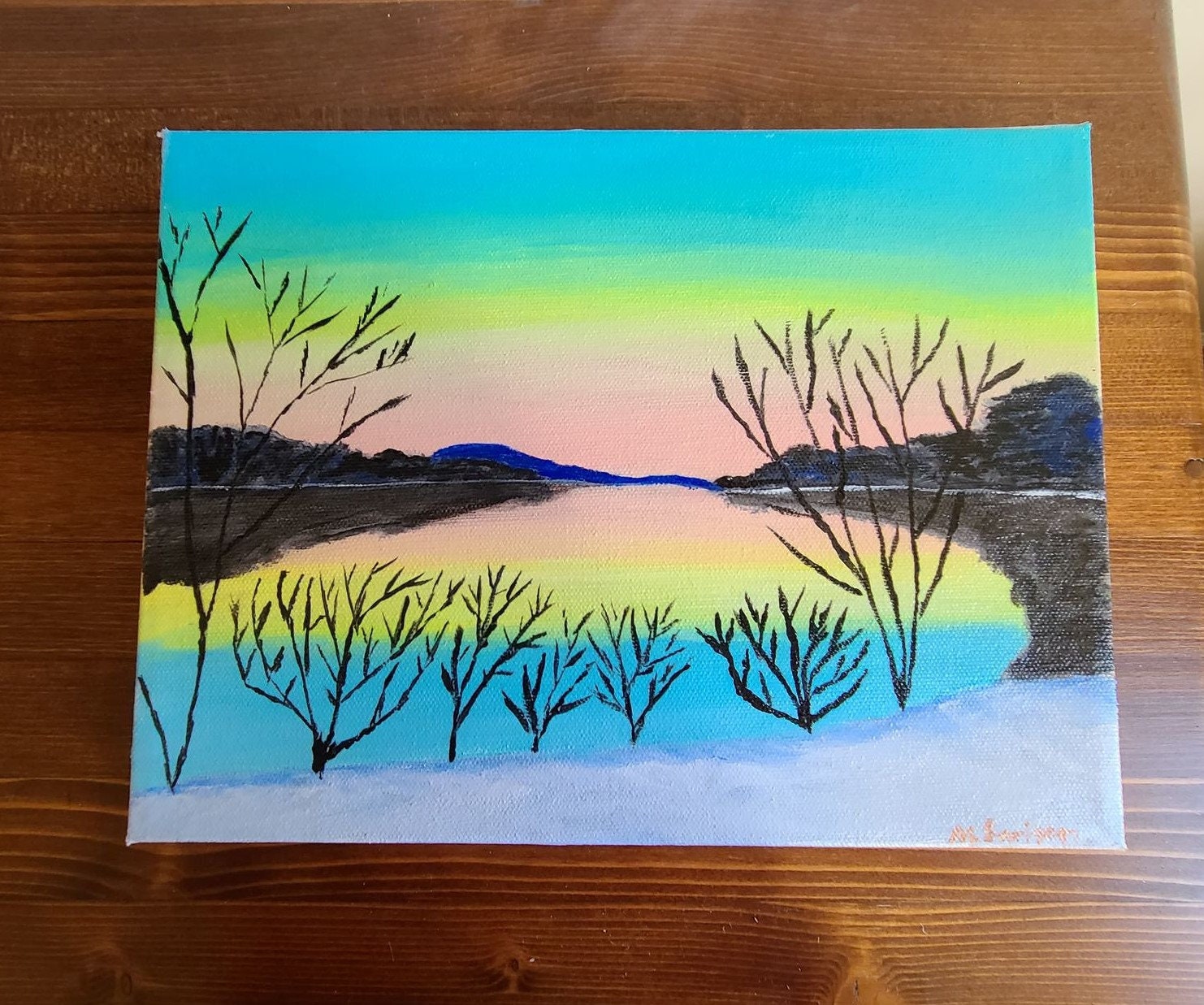 Atardecer de invierno en el lago Nockamixon pintura acrílica | Etsy