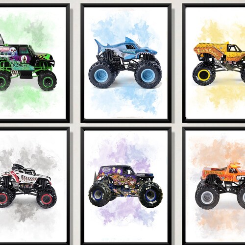 Set of 6 Art Print Monster Truck Watercolour Poster Kids Room Etsy UK