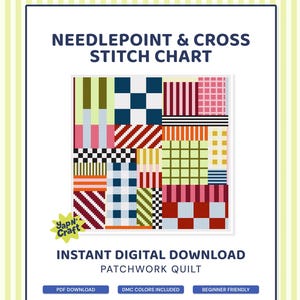 May include: A digital needlepoint and cross stitch chart with a patchwork quilt design. The chart features various geometric patterns in colors like red, blue, green, and pink. Text includes "Needlepoint & Cross Stitch Chart" and "Instant Digital Download".