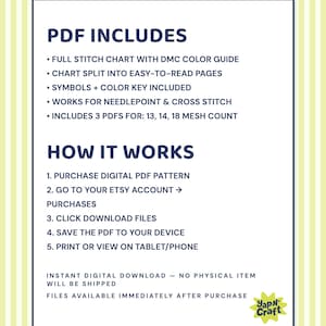 May include: Digital PDF pattern details on a white background with a blue border. Text includes "PDF INCLUDES" and a list of features like stitch charts and color guides. Instructions on how to download and use the pattern are also included.
