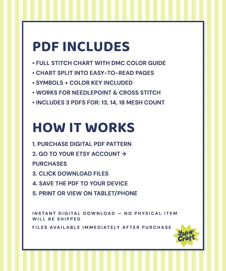 May include: Digital PDF pattern details on a white background with a blue border. Text includes "PDF INCLUDES" and a list of features like stitch charts and color guides. Instructions on how to download and use the pattern are also included.