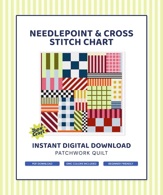 Beginner Needlepoint Pattern PDF Patchwork Quilt Design Digital Download Easy Needlepoint Chart