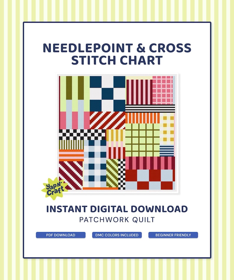 May include: A digital needlepoint and cross stitch chart with a patchwork quilt design. The chart features various geometric patterns in colors like red, blue, green, and pink. Text includes "Needlepoint & Cross Stitch Chart" and "Instant Digital Download".
