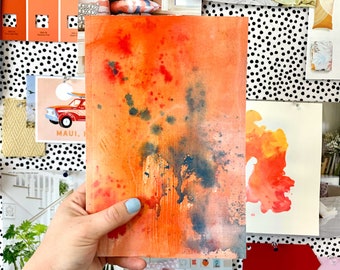 Orange Abstract Watercolor Notebook, Cream Dotted Paper, 7x9