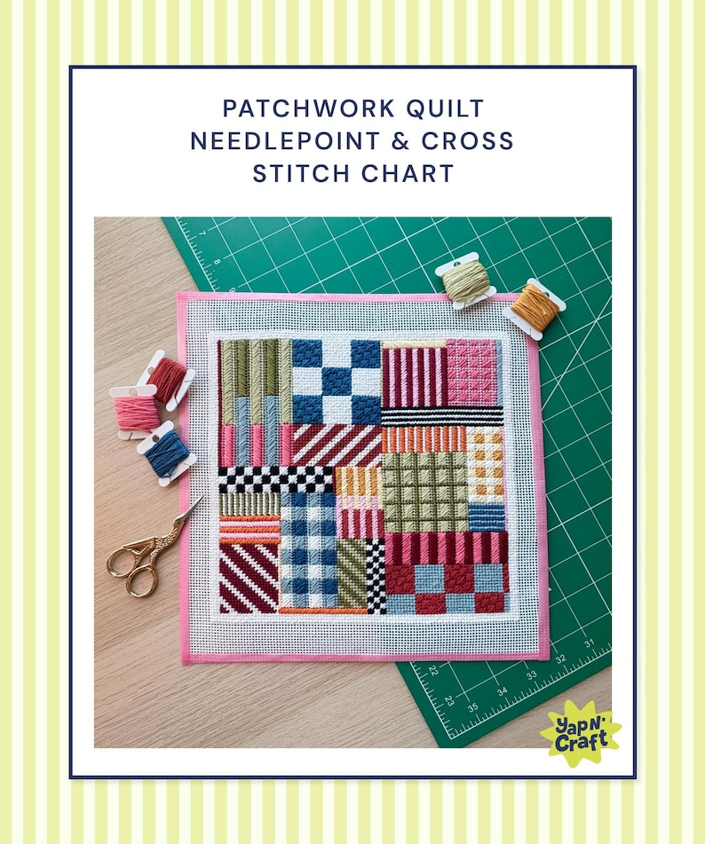 May include: A patchwork quilt needlepoint and cross stitch chart with various colorful patterns. The chart is on a green cutting mat, with spools of thread and gold scissors. The text "PATCHWORK QUILT NEEDLEPOINT & CROSS STITCH CHART" is at the top.