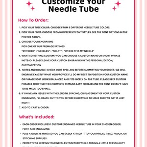 May include: An informational graphic with a pink and white striped background detailing how to order a custom engraved needle tube. It lists seven steps for selection of color, font, and engraving, and notes that a gold keyring is included with the tube.