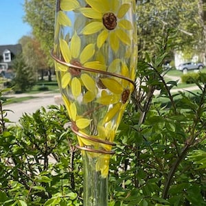 Hand painted wine bottle hummingbird feeder