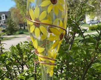 Hand painted wine bottle hummingbird feeder