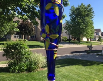 Hand painted blue wine bottle hummingbird feeder
