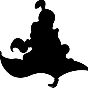 May include: A black silhouette of a genie flying on a magic carpet. The genie is wearing a turban and has a long beard. The carpet is flowing in the wind.