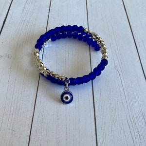 Simple, Blue and Silver Evil Eye Beaded Bracelet, Third eye jewelry, Protection bracelet