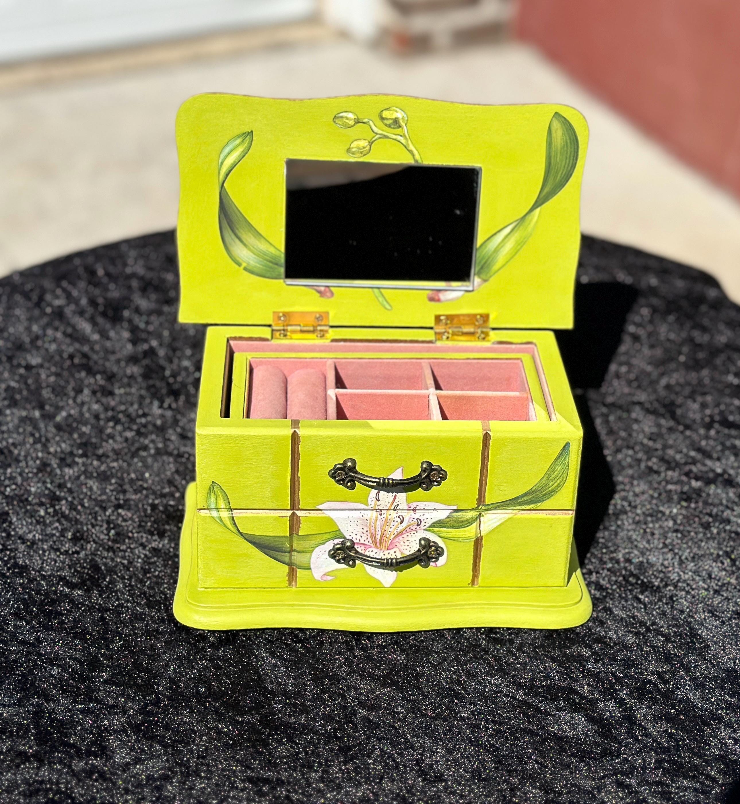 Reburbished, Wooden, Green, Floral & Insect Design, Jewelry Box - Etsy