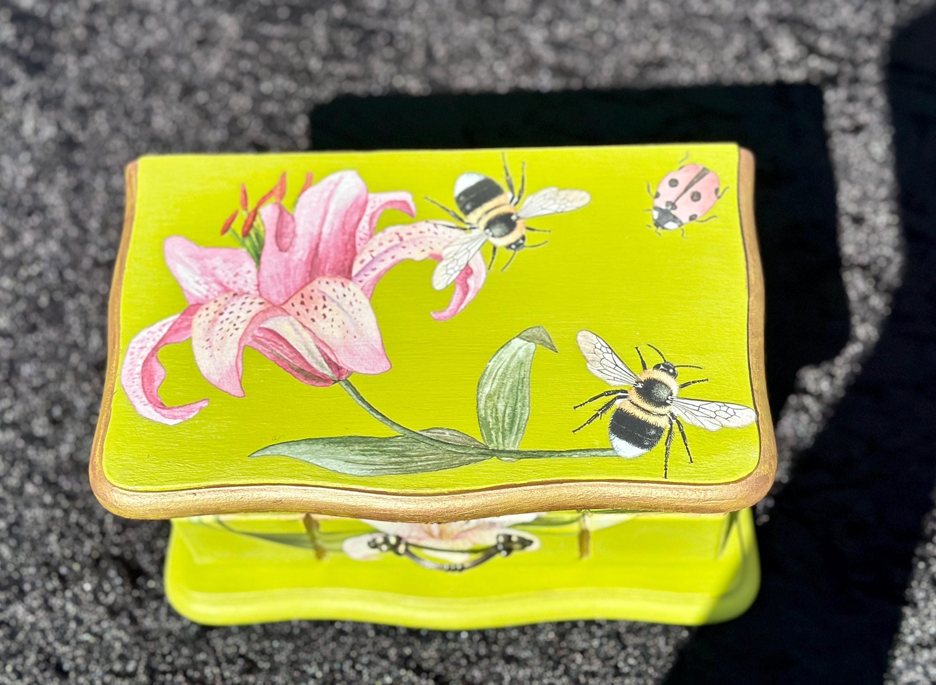 Reburbished, Wooden, Green, Floral & Insect Design, Jewelry Box - Etsy