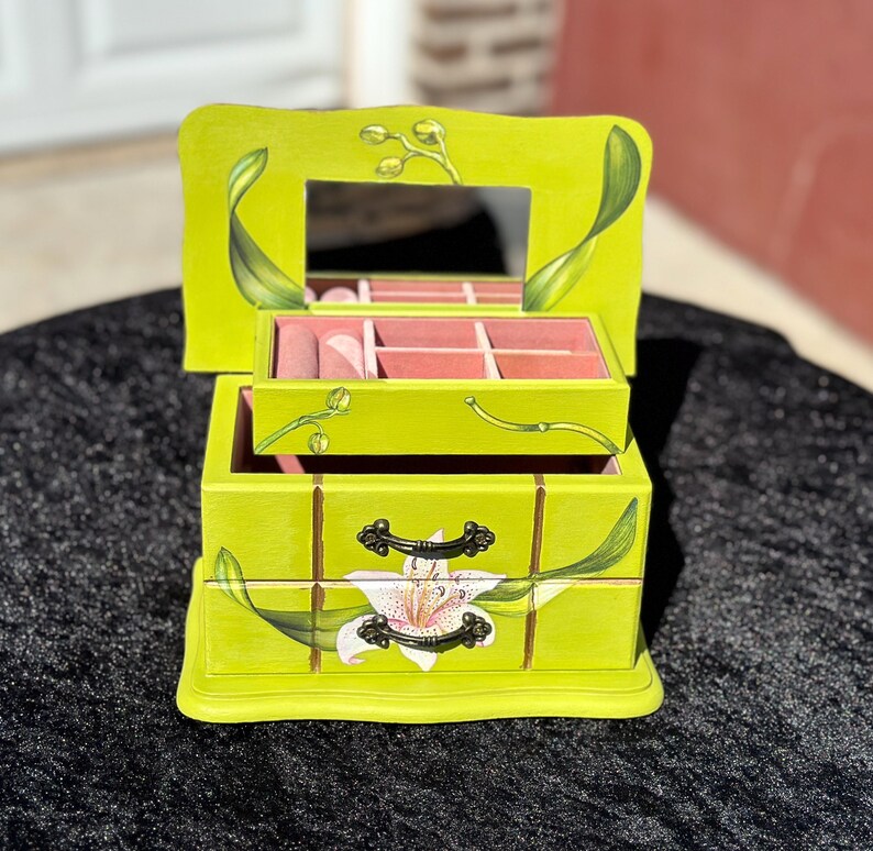 Reburbished, Wooden, Green, Floral & Insect Design, Jewelry Box - Etsy