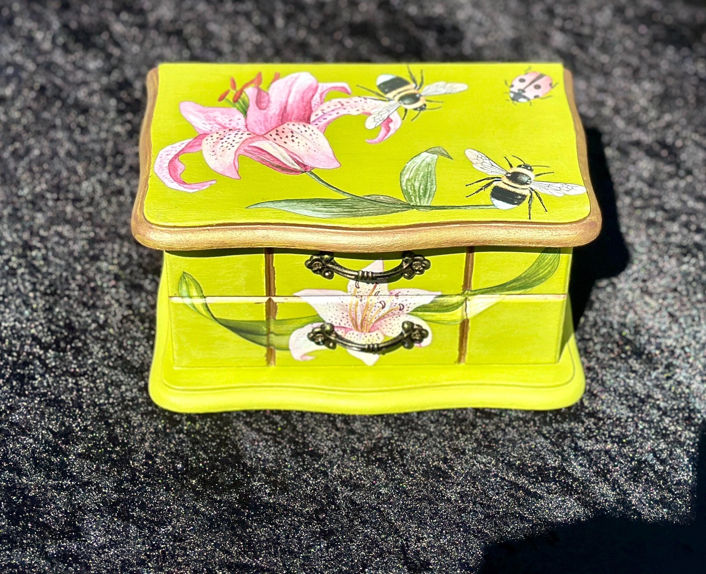 Reburbished, Wooden, Green, Floral & Insect Design, Jewelry Box - Etsy