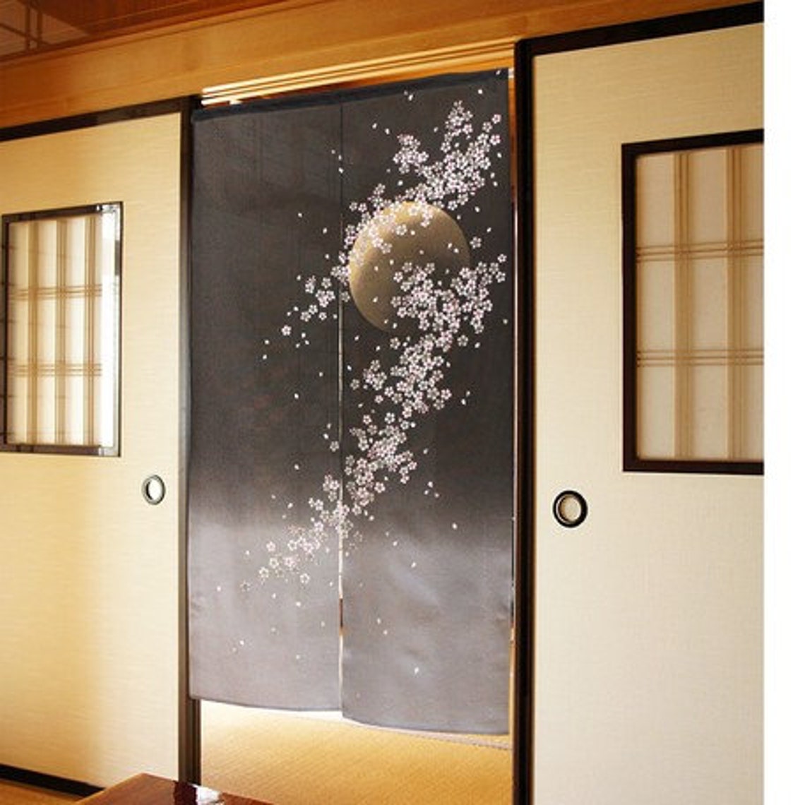 Japanischer Noren Vorhang Mit Sakura Blüten - Türvorhang Ohne Schlitz (85x180 Cm)
