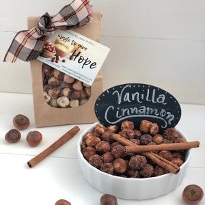 Vanilla CINNAMON Hazelnuts are Pure BLISS for the Hazelnut Lover SCRUMPTIOUS Treat/Party Favor/Foodie Gift/Charcuterie board/Wedding Favor Tan Plaid w Orange