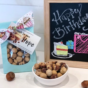 Happy Birthday YUMMY-licious Hazelnuts: Perfect HEALTHY Gift, Party Treat & Party Favor for Everyone you Appreciate GF,Low Carb,Keto Cupcake w/ Blue Bag