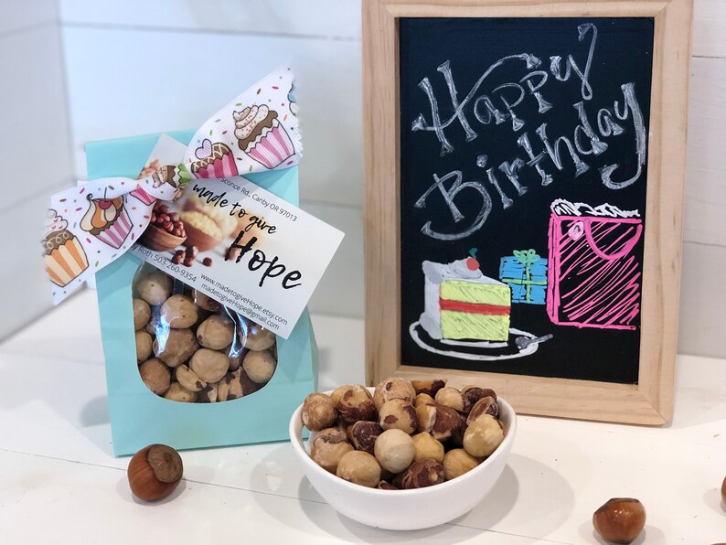 Happy Birthday YUMMY-licious Hazelnuts: Perfect HEALTHY Gift, Party Treat & Party Favor for Everyone you Appreciate GF,Low Carb,Keto Cupcake w/ Blue Bag