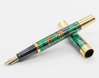 Green & Gold Fountain Pen | Metal Calligraphy Pen, Refillable, Vintage Design, Wedding Gift, Speckled, M nib, boss gift New job Writers Gift