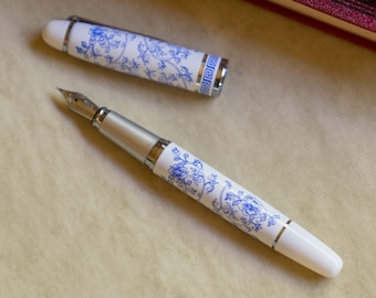 Floral White & Blue Fountain Pen | Calligraphy Pen, Christmas Gift for Her Him, Asian Porcelain Style, Refillable, Writers, New Job, Wedding