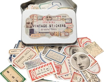 Vintage Label Stickers in Tin | Air Mail Sticker Pack, Ephemera, Bullet Journal Accessories, Junk Journal, Happy Sticker Lot, Stationary