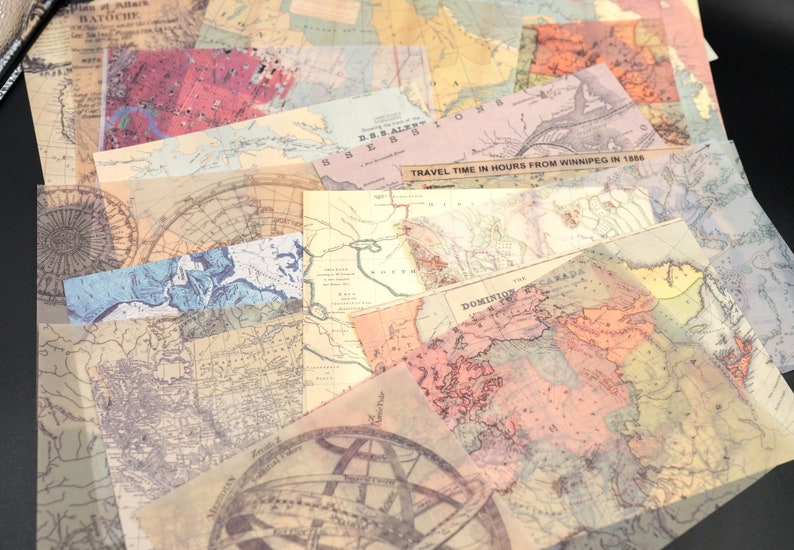 Collage Kit Vintage Maps Inspiration Kit 20 Sheets Vellum Maps Vintage Ephemera Pack Scrapbook Paper Ephemera Junk Journal Kit