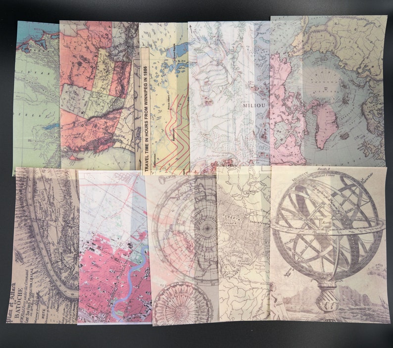 Collage Kit Vintage Maps Inspiration Kit 20 Sheets Vellum Maps Vintage Ephemera Pack Scrapbook Paper Ephemera Junk Journal Kit
