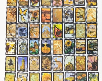 Yellow Vintage Style Stamp Stickers |  Orange Flower Postage Sticker Pack, Ephemera, Bullet Journal Accessories, Junk Journal Happy Mail Lot