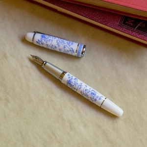 Floral White & Blue Fountain Pen | Calligraphy Pen, Christmas Gift for Her Him, Asian Porcelain Style, Refillable, Writers, New Job, Wedding