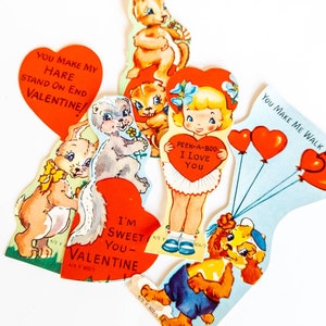 Vintage Valentijnsdagkaarten, jaren 50, set van 5 | Ephemera ongebruikt, blanco, kindermeisje, jongen, dier, stinkdier, gopher, puppy, konijn, liefde, rommeldagboek