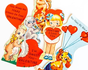 Vintage Valentine's Day Cards - 1950s, Set of 5 | Ephemera Unused, Blank, Kids Girl Boy Animal Skunk Gopher Puppy Bunny, Love, Junk Journal