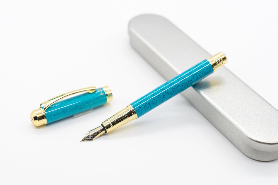 Teal Blue & Gold Fountain Pen F Nib Calligraphy Pen, Marble Design