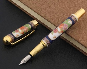 Penna stilografica asiatica floreale in ceramica / calligrafia cinese con pennino M e peonie, ricaricabile, design floreale vintage, regalo per capo scrittore, nuovo lavoro, matrimonio