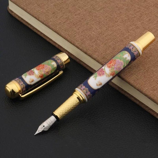 Stylo plume asiatique floral en céramique | Calligraphie chinoise plume M pivoines vintage fleur rechargeable patron écrivain cadeau nouvel emploi mariage