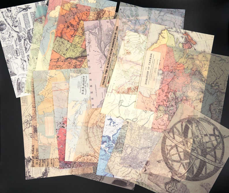 Collage Kit Vintage Maps Inspiration Kit 20 Sheets Vellum Maps Vintage Ephemera Pack Scrapbook Paper Ephemera Junk Journal Kit