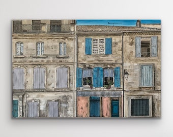 Arles, France original large painting 36 x 24" - acrylic on canvas - vintage historic old buildings blue purple subdued