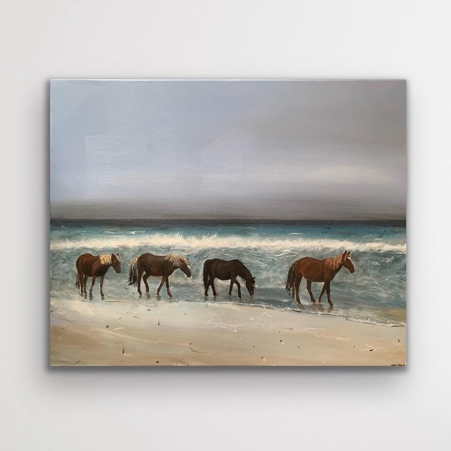 RESERVED - Large Horse Painting, Original Art, Horse Painting, Oil Painting, Corolla, Wild Horse Painting, Beach, Outer Banks NC 30 x 24"
