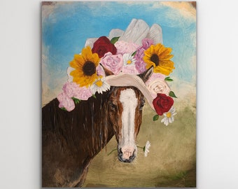 Derby Day, Horse Portrait, Original Art, Horse Painting, Derby Hat, Horse Print, Flower Hat, Flower, Unique Painting, Horse with Flower Hat