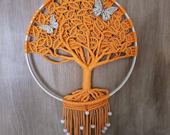 Muurhanger macramé levensboom • Oranje boho-decor • Handgemaakt • Klaar om op te hangen