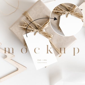 Christmas tag mockup, 2x3.5 gift tag mockup, Christmas present tag mockup, Smart Object mockup holidays, Boho neutral favor tag mockup
