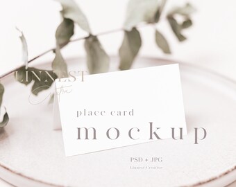Tent fold place card mockup, Minimal style name card mockup, Modern blank white card mockup, Eucalyptus branch wedding stationery mockup LC5