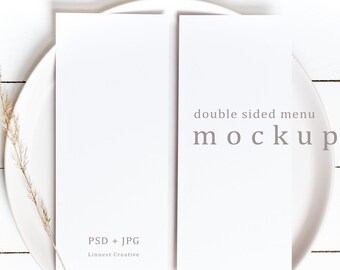 Dubbelzijdig menumodel, minimalistisch trouwmenumodel, mockup bruiloftsbriefpapier, mockup met neutrale tinten, modern tafelmodel