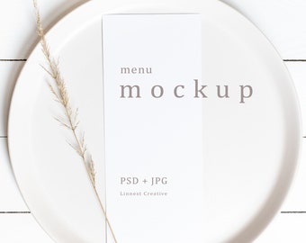 Menumodel, minimalistisch trouwmenumodel, mockup bruiloftsbriefpapier, neutrale tinten bruiloftsuitnodiging mockup, mockup moderne tafelinstelling
