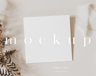 Square card mockup, 5x5 Invite mockup, Earthy neutral card mockup Smart Object, Wedding stationary mockup, Boho wedding invite mockup 023