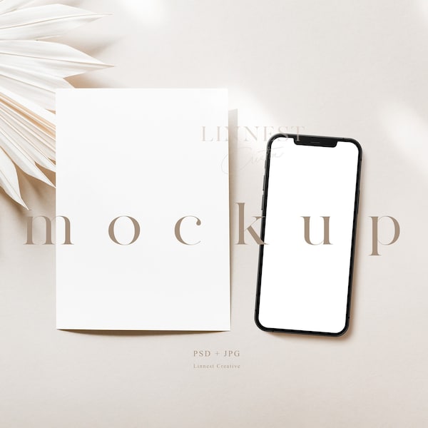 Cellphone mockup, Card and device mockup, iPhone screen mockup, Digital invitation mockup, Invite and smart phone, Boho card mockup 02