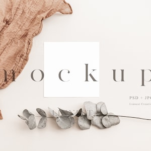 Vierkante kaart mockup, 5x5 inch minimale uitnodigen mock-up, Boho bruiloft stationaire mockup, Kleine kaart met eucalyptus tak mockup LC5