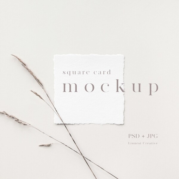 5x5" square card mockup, Deckle edge card mockup, Invitation mockup, Minimalist empty white card, Wedding stationery mockup, Torn edge card